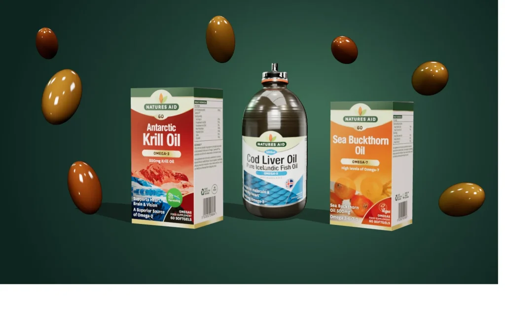 Natures Aid Krill Oil, Cod Liver Oil and Sea Buckthorn Oil with floating omega softgels