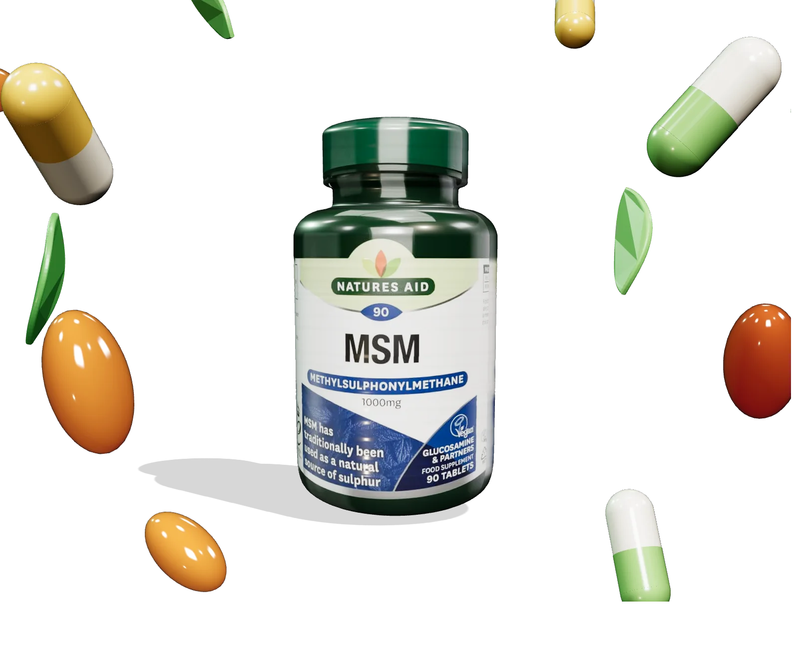 Natures Aid MSM tub surrounded by floating capsules, softgels and leaves