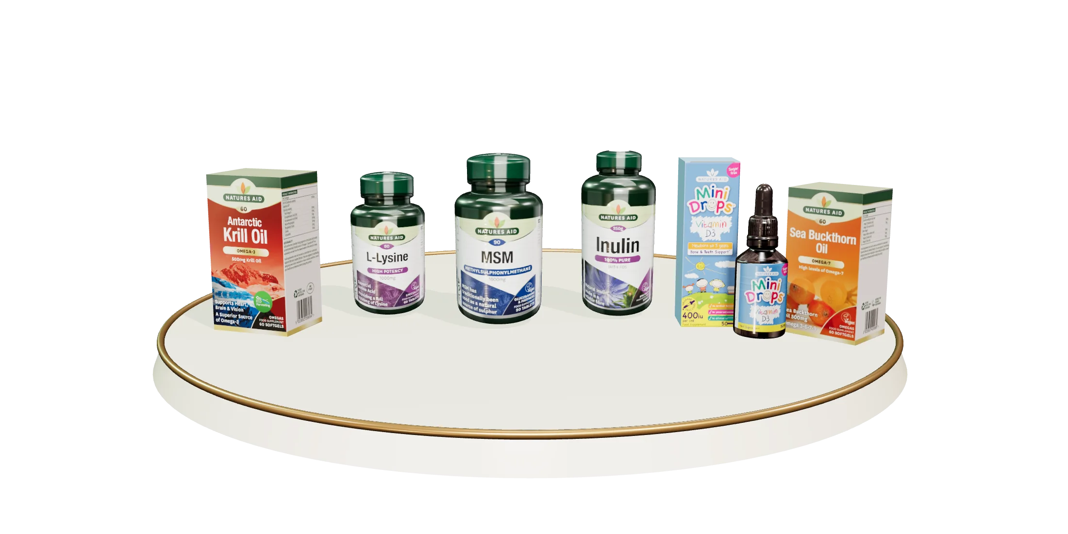 The range on a pedestal: Krill Oil, L-Lysine, MSM, Inulin, Mini Drops Vitamin D3 and Sea Buckthorn Oil